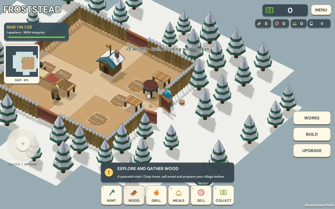 FROSTSTEAD gameplay: a palisade camp with a grill and workstations in a snowy forest.