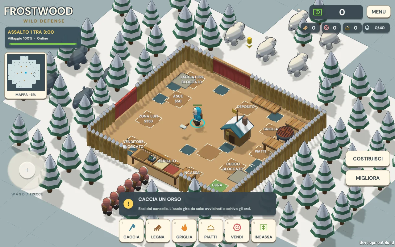 Il prototipo di FROSTSTEAD: un campo recintato con griglia e mercato, circondato da abeti innevati e orsi.