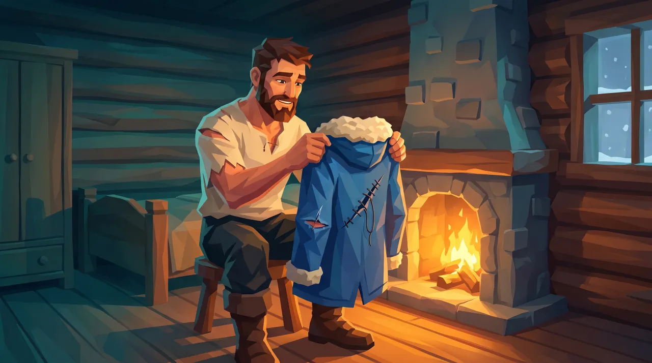 In a cabin, beside the lit fireplace, the hero mends his blue coat.