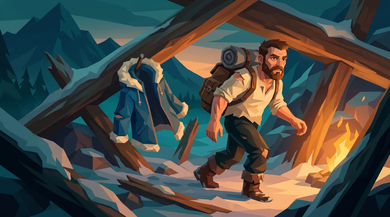 The hero escapes under collapsing beams; his coat stays caught behind.