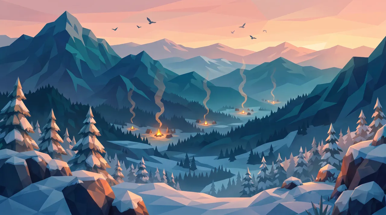 Beyond the mountains at dawn, columns of smoke and the small fires of other villages in the valleys.