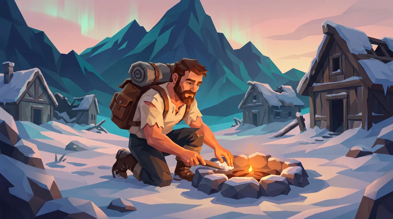 At dawn the hero, in his shirt, kneels among the ruins beside an ember that has just come alive.