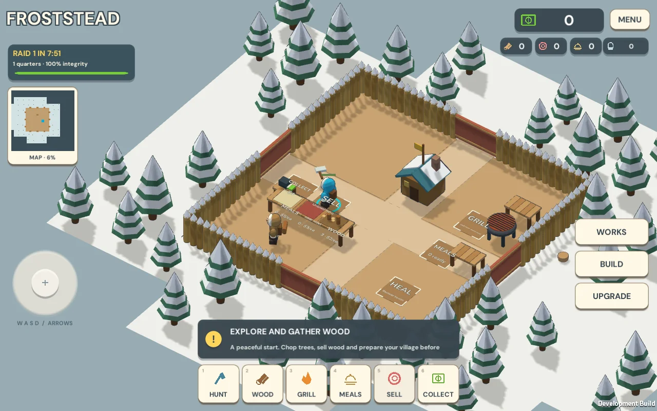 FROSTSTEAD gameplay: the character at the market with stalls and customers inside the snowy camp.