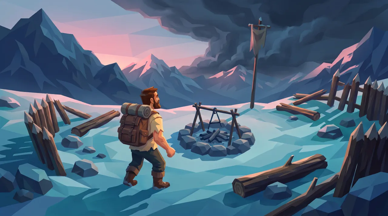 The hero beside the cold hearth as the night gathers over the mountains.
