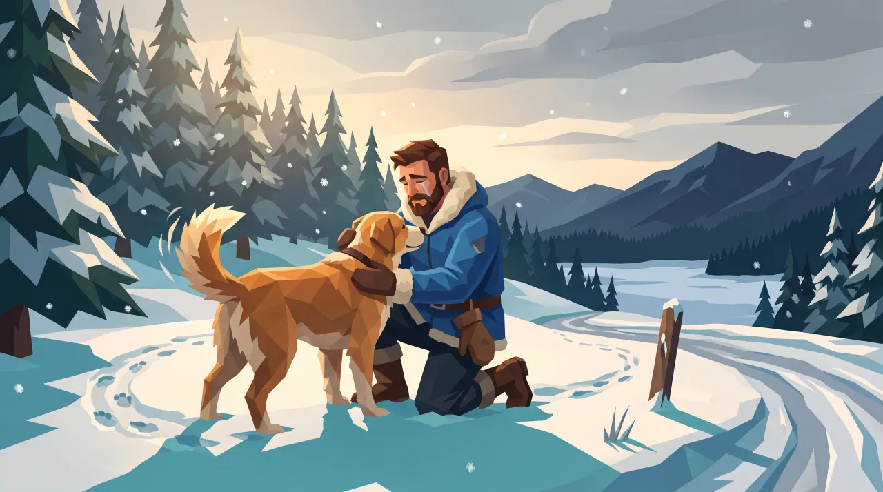 The hero, in his blue coat, hugs his dog, found again in the snow.