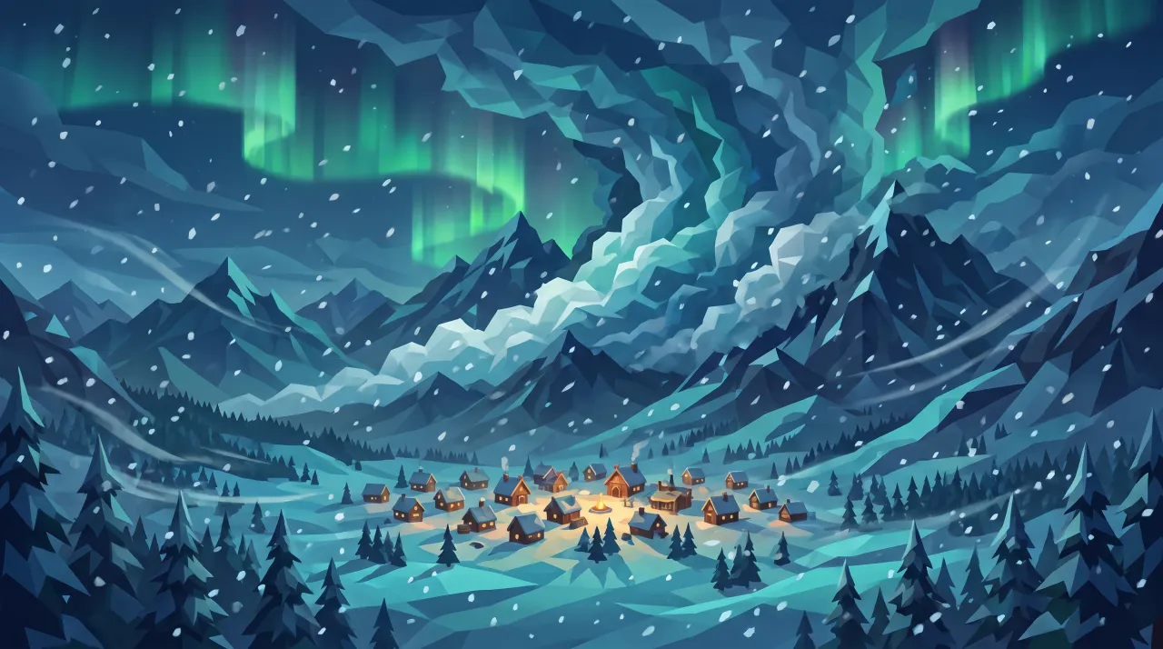 Behind the mountains the storm clouds advance and cover the aurora; below, the lights of the village.