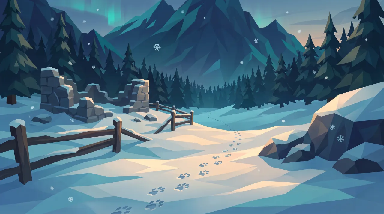 Paw prints in the fresh snow, leading away towards the forest.