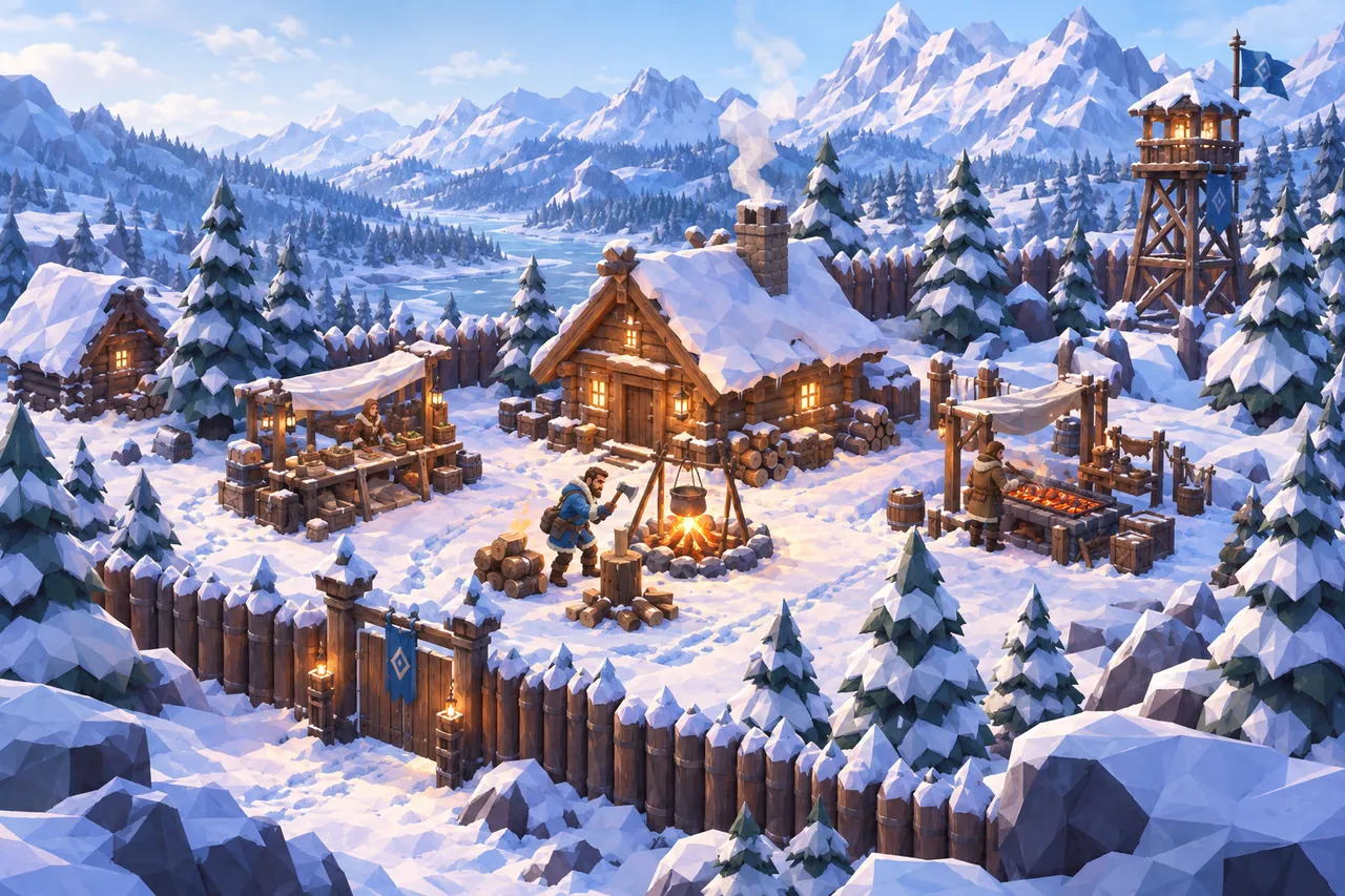 Illustration of the village by day: the protagonist splits a log beside the hearth in front of the cabin, villagers at the bazaar table and the grill, a palisade with its gate, snowy firs, a watchtower and mountains behind.