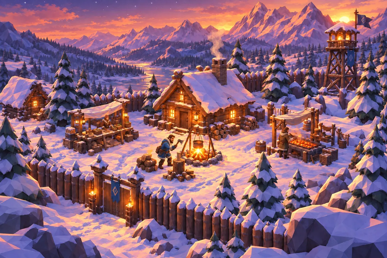 The same view at dusk: amber and rose sky, long blue shadows on the snow, windows and lanterns lit.