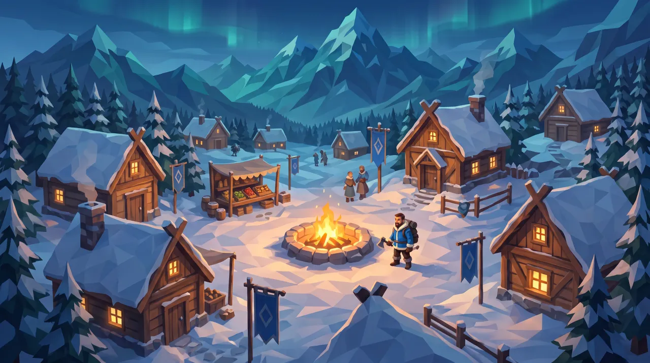 The village of Froststead at night under the aurora, its windows lit and the hearth at the centre.