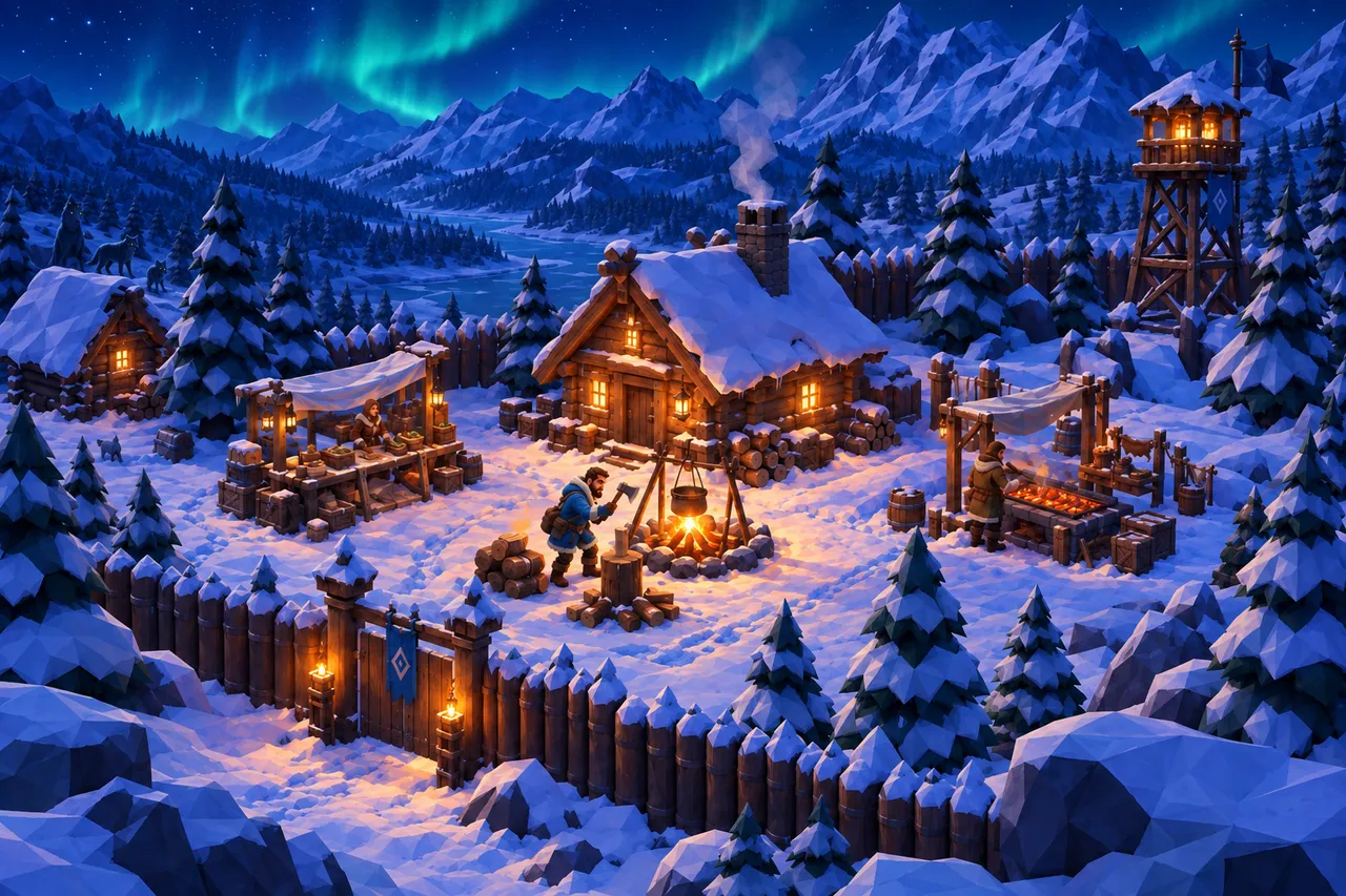 The same view at night: cobalt sky with the aurora, blue snow, the hearth, the gate torches and the windows as the only warm lights, three wolves at the edge of the forest.