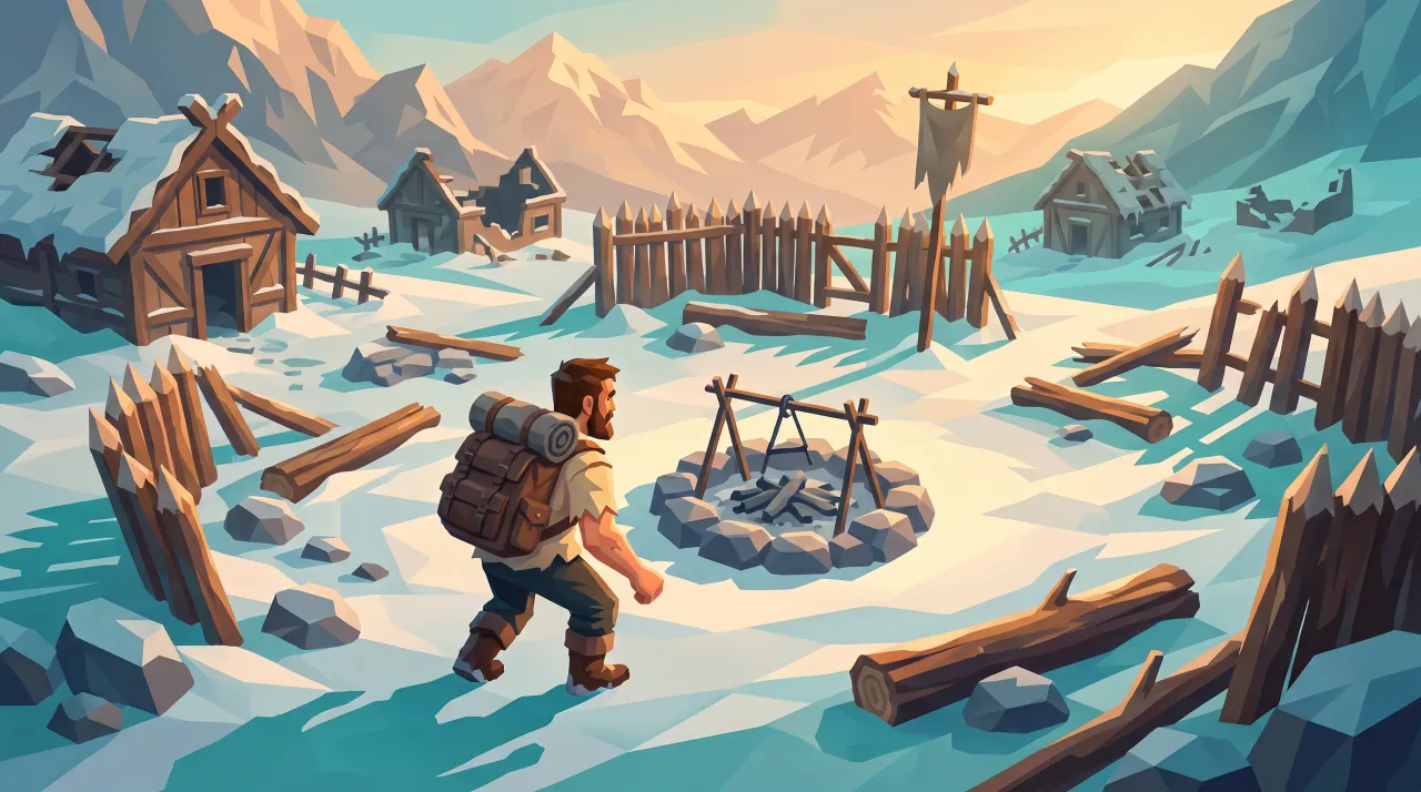 The hero crosses the ruins towards the stone ring of the hearth, among the logs of the fallen palisade.